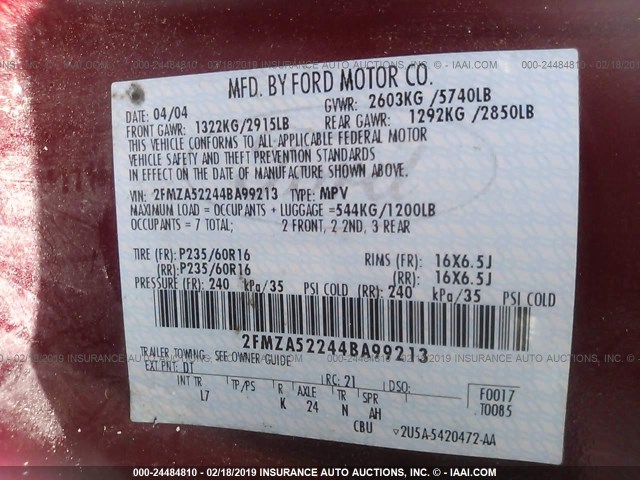 2FMZA52244BA99213 - 2004 FORD FREESTAR SEL RED photo 9