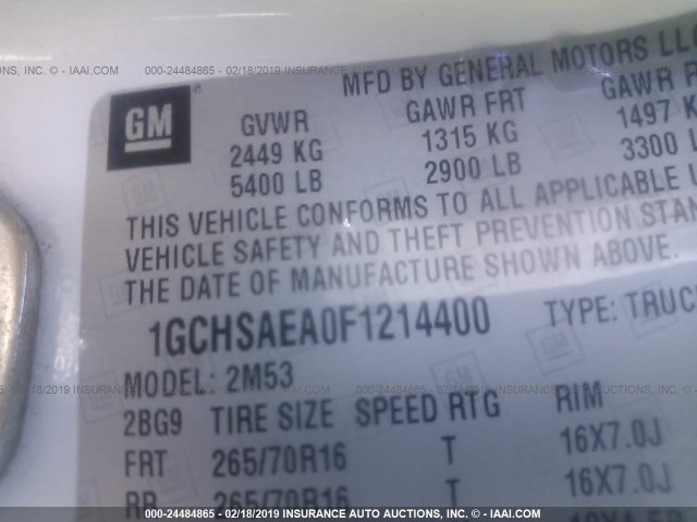 1GCHSAEA0F1214400 - 2015 CHEVROLET COLORADO WHITE photo 9