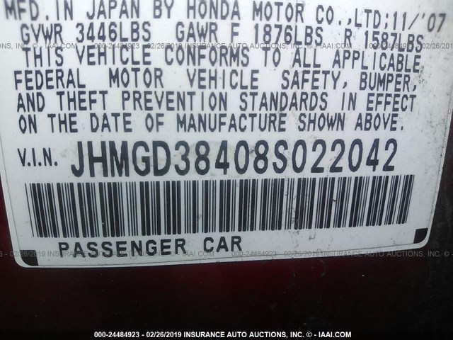 JHMGD38408S022042 - 2008 HONDA FIT RED photo 9