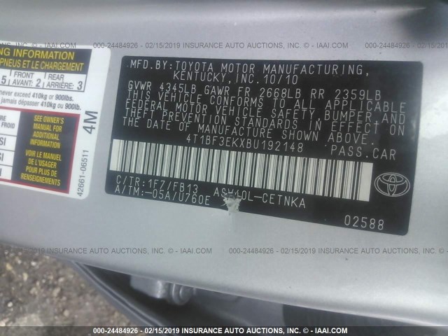 4T1BF3EKXBU192148 - 2011 TOYOTA CAMRY SE/LE/XLE 银色 照片 9