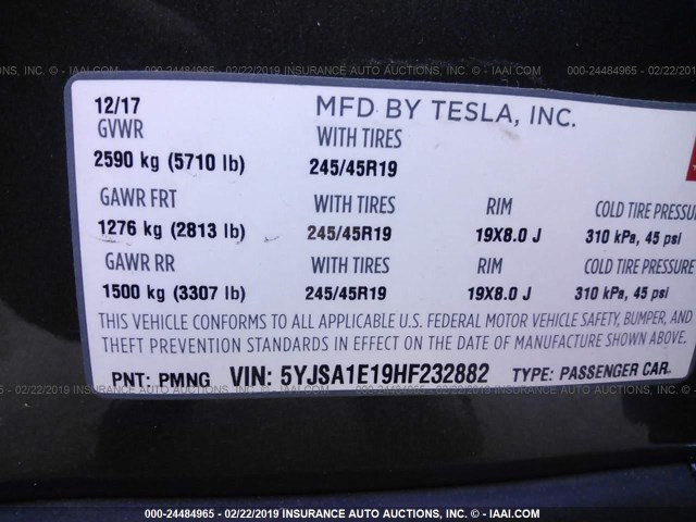 5YJSA1E19HF232882 - 2017 TESLA MODEL S BLUE photo 9