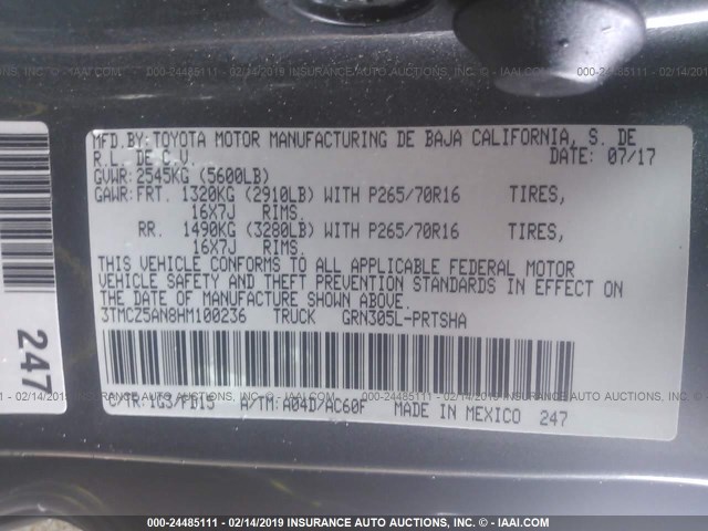 3TMCZ5AN8HM100236 - 2017 TOYOTA TACOMA DBL CAB/SR/TRDSPT/OR/PRO ნაცრისფერი ფოტო 9