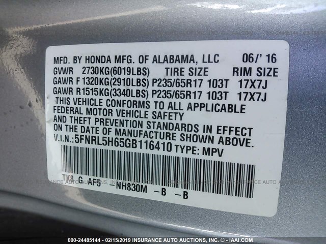 5FNRL5H65GB116410 - 2016 HONDA ODYSSEY EXL SILVER photo 9