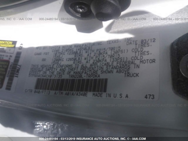 5TFNX4CN4CX013135 - 2012 TOYOTA TACOMA WHITE photo 9