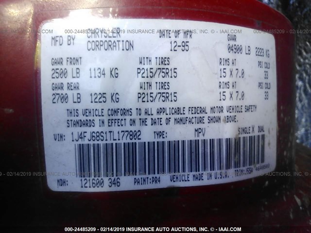 1J4FJ68S1TL177802 - 1996 JEEP CHEROKEE SPORT/CLASSIC წითელი ფოტო 9