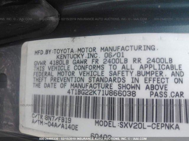 4T1BG22K71U866038 - 2001 TOYOTA CAMRY CE/LE/XLE 蓝色 照片 9