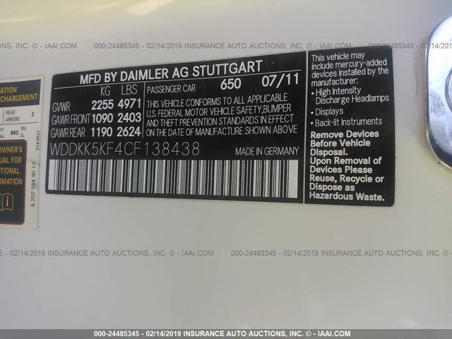 WDDKK5KF4CF138438 - 2012 MERCEDES-BENZ E 350 WHITE photo 9