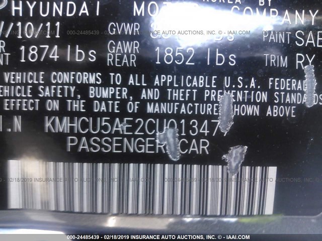 KMHCU5AE2CU013477 - 2012 HYUNDAI ACCENT GLS/GS/SE GRAY photo 9