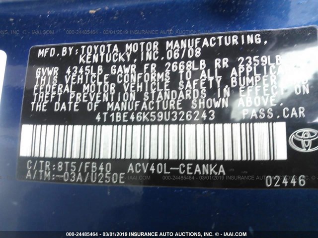 4T1BE46K59U326243 - 2009 TOYOTA CAMRY SE/LE/XLE BLUE photo 9