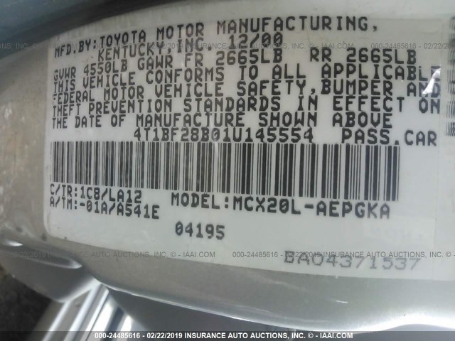 4T1BF28B01U145554 - 2001 TOYOTA AVALON XL/XLS SILVER photo 9