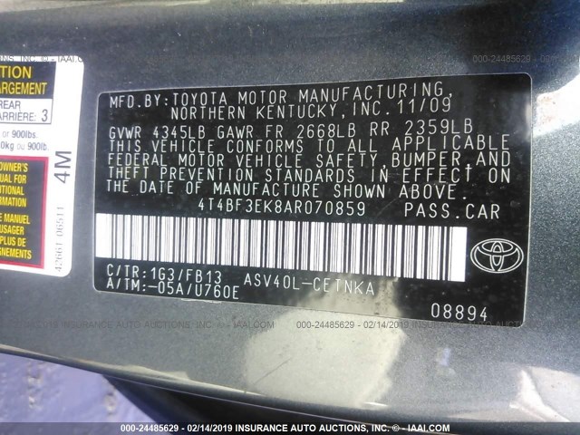4T4BF3EK8AR070859 - 2010 TOYOTA CAMRY SE/LE/XLE 灰色 照片 9