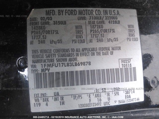 1FMFU17L83LB69878 - 2003 FORD EXPEDITION EDDIE BAUER BLACK photo 9