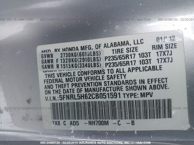 5FNRL5H62CB051591 - 2012 HONDA ODYSSEY EXL SILVER photo 9