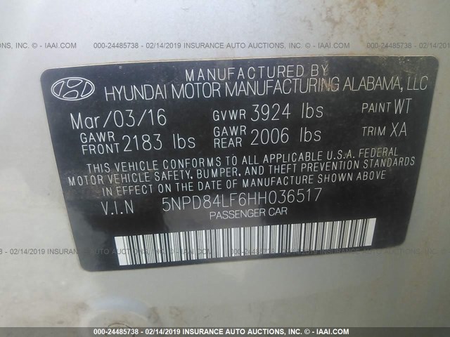 5NPD84LF6HH036517 - 2017 HYUNDAI ELANTRA SE/VALUE/LIMITED GRAY photo 9