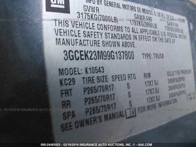 3GCEK23M99G137800 - 2009 CHEVROLET SILVERADO K1500 LT BLUE photo 9