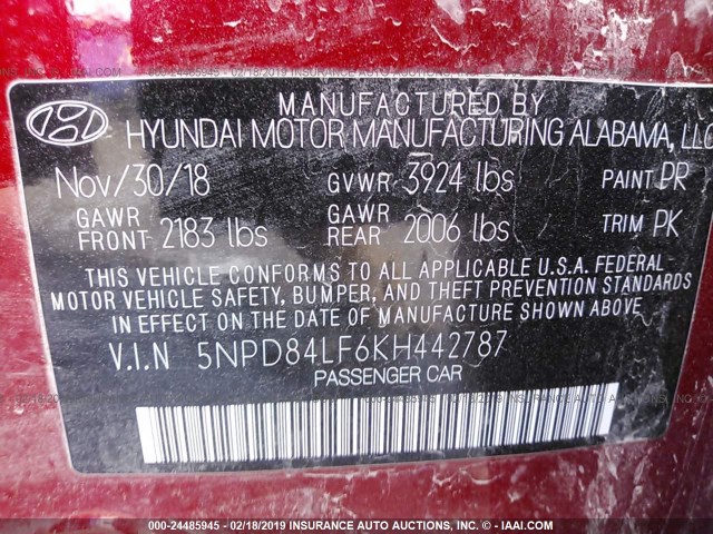 5NPD84LF6KH442787 - 2019 HYUNDAI ELANTRA SEL/VALUE/LIMITED RED photo 9