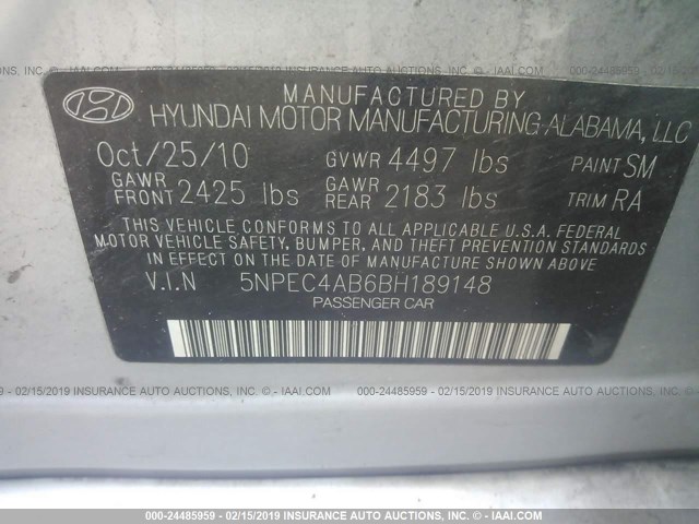 5NPEC4AB6BH189148 - 2011 HYUNDAI SONATA SE/LIMITED SILVER photo 9