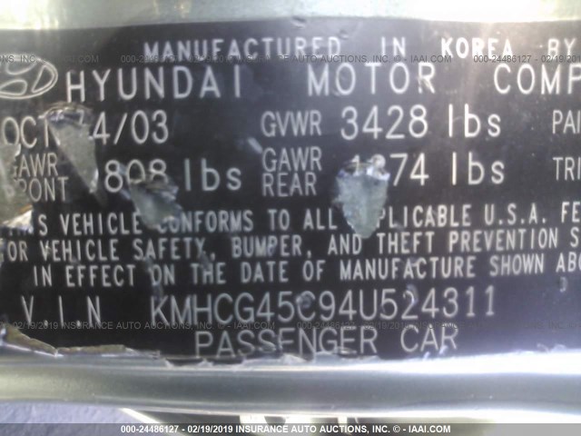 KMHCG45C94U524311 - 2004 HYUNDAI ACCENT GL GREEN photo 9