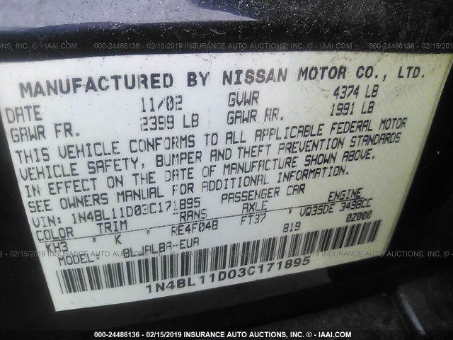 1N4BL11D03C171895 - 2003 NISSAN ALTIMA SE BLACK photo 9