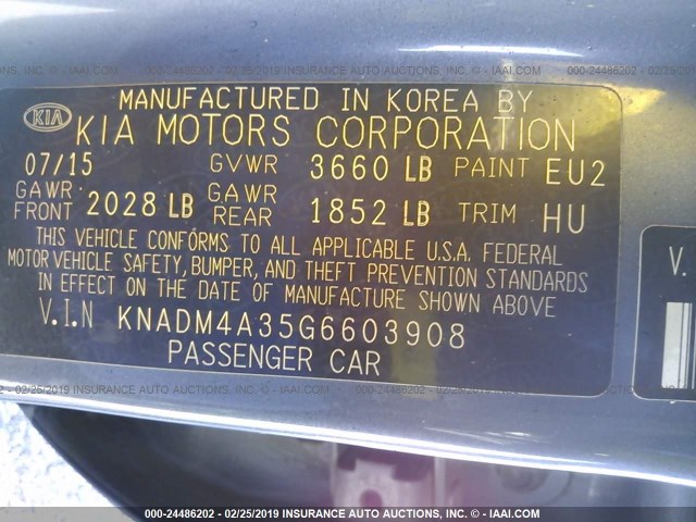 KNADM4A35G6603908 - 2016 KIA RIO LX BLUE photo 9