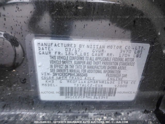 3N1CE2CP9HL365345 - 2017 NISSAN VERSA NOTE S/S PLUS/SV/SL/SR BLACK photo 9