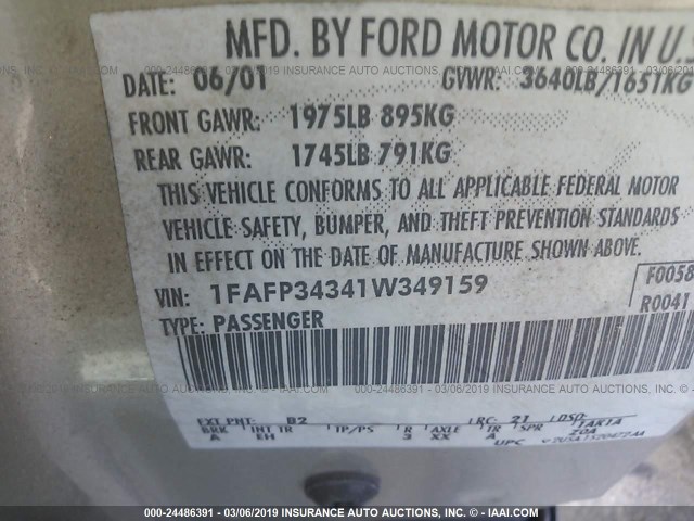 1FAFP34341W349159 - 2001 FORD FOCUS SE/SE SPORT GOLD photo 9