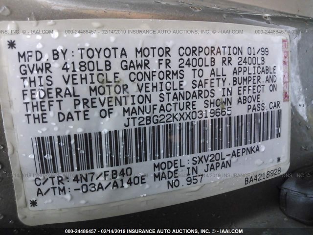 JT2BG22KXX0319665 - 1999 TOYOTA CAMRY LE/XLE BROWN photo 9