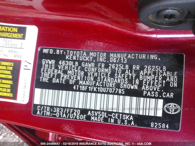 4T1BF1FK1DU707785 - 2013 TOYOTA CAMRY L/SE/LE/XLE 红色 照片 9