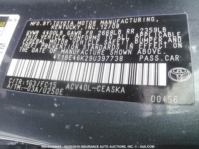 4T1BE46K29U397738 - 2009 TOYOTA CAMRY SE/LE/XLE 灰色 照片 9