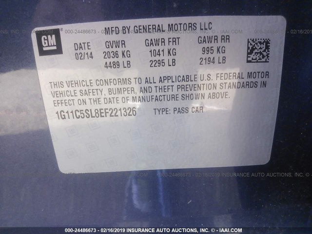 1G11C5SL8EF221326 - 2014 CHEVROLET MALIBU 1LT 蓝色 照片 9