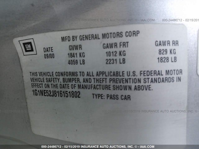 1G1NE52J816151802 - 2001 CHEVROLET MALIBU LS 银色 照片 9