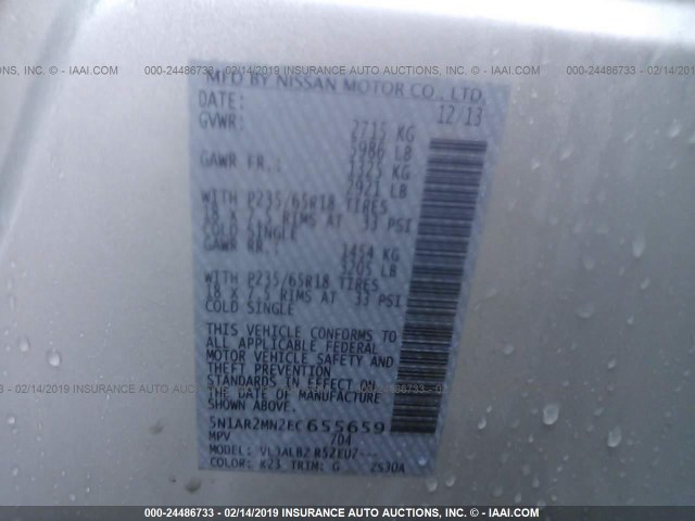 5N1AR2MN2EC655659 - 2014 NISSAN PATHFINDER S/SV/SL/PLATINUM SILVER photo 9