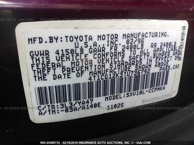 4T1CG12K3TU736792 - 1996 TOYOTA CAMRY DX/LE BURGUNDY photo 9