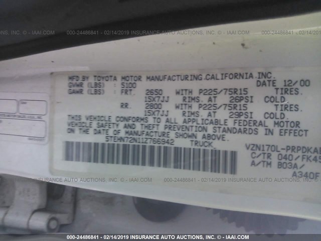 5TEHN72N11Z766942 - 2001 TOYOTA TACOMA DOUBLE CAB 白色 照片 9