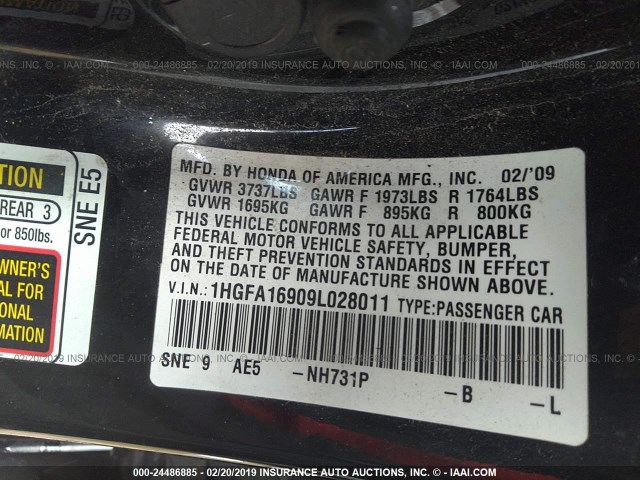 1HGFA16909L028011 - 2009 HONDA CIVIC EXL BLACK photo 9