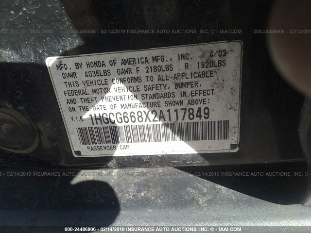 1HGCG668X2A117849 - 2002 HONDA ACCORD EX/SE BLACK photo 9