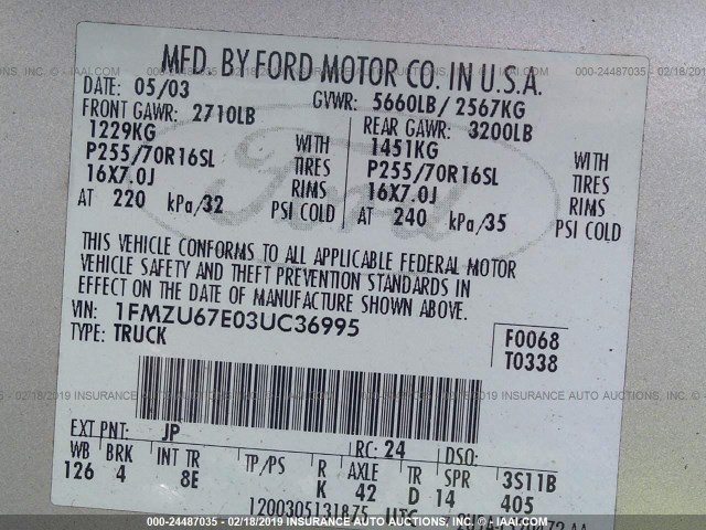 1FMZU67E03UC36995 - 2003 FORD EXPLORER SPORT TR  SILVER photo 9