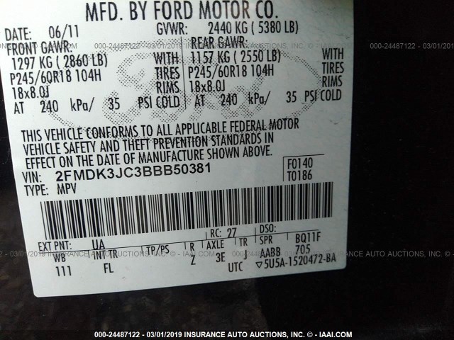 2FMDK3JC3BBB50381 - 2011 FORD EDGE SEL BLACK photo 9