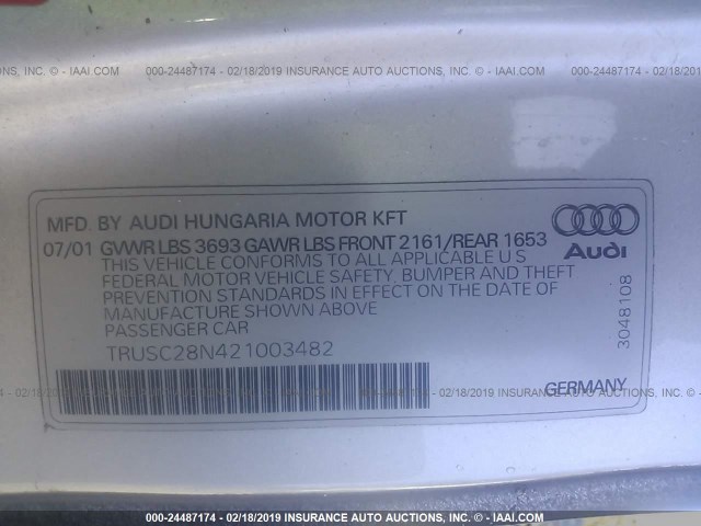 TRUSC28N421003482 - 2002 AUDI TT BLACK photo 9