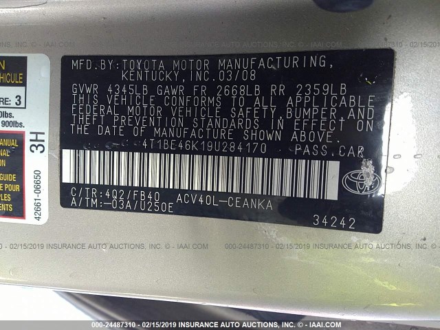 4T1BE46K19U284170 - 2009 TOYOTA CAMRY SE/LE/XLE 香槟色 照片 9