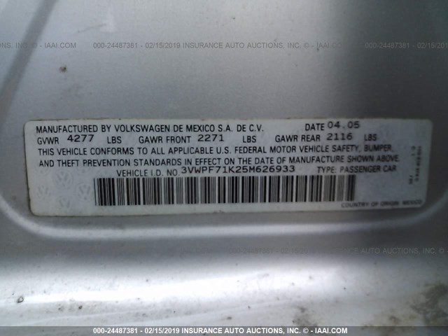 3VWPF71K25M626933 - 2005 VOLKSWAGEN NEW JETTA VALUE SILVER photo 9