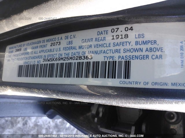 3VWSK69M25M028363 - 2005 VOLKSWAGEN JETTA GLS GRAY photo 9