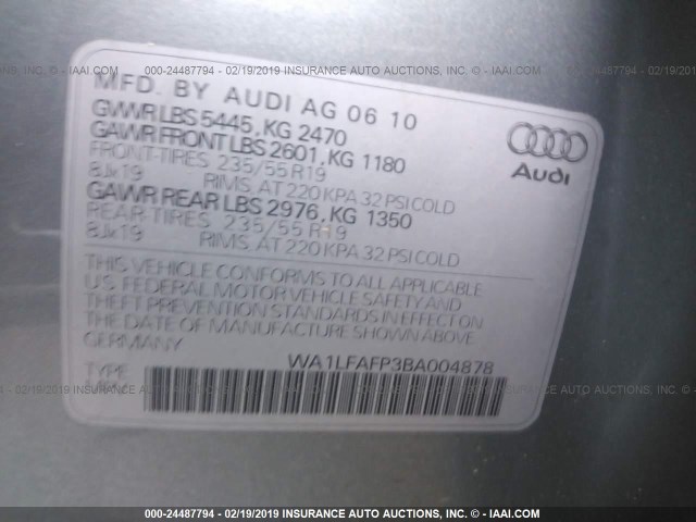 WA1LFAFP3BA004878 - 2011 AUDI Q5 PREMIUM PLUS SILVER photo 9