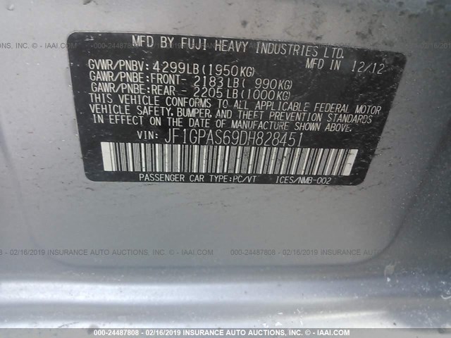 JF1GPAS69DH828451 - 2013 SUBARU IMPREZA SPORT LIMITED SILVER photo 9