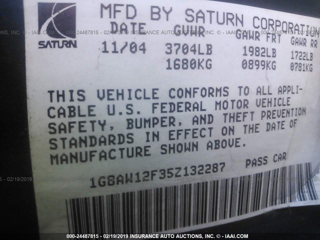 1G8AW12F35Z132287 - 2005 SATURN ION LEVEL 3 GRAY photo 9