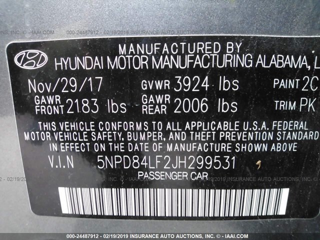 5NPD84LF2JH299531 - 2018 HYUNDAI ELANTRA SEL/VALUE/LIMITED GRAY photo 9