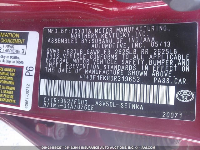 4T4BF1FK8DR319653 - 2013 TOYOTA CAMRY L/SE/LE/XLE 红色 照片 9