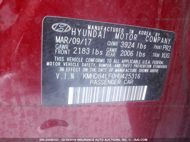 KMHD84LF0HU425316 - 2017 HYUNDAI ELANTRA SE/VALUE/LIMITED RED photo 9