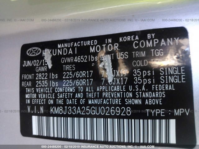 KM8J33A25GU026928 - 2016 HYUNDAI TUCSON LIMITED/SPORT AND ECO/SE SILVER photo 9