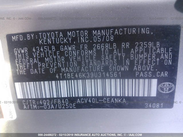 4T1BE46K394314561 - 2009 TOYOTA CAMRY SE/LE/XLE 米色 照片 9